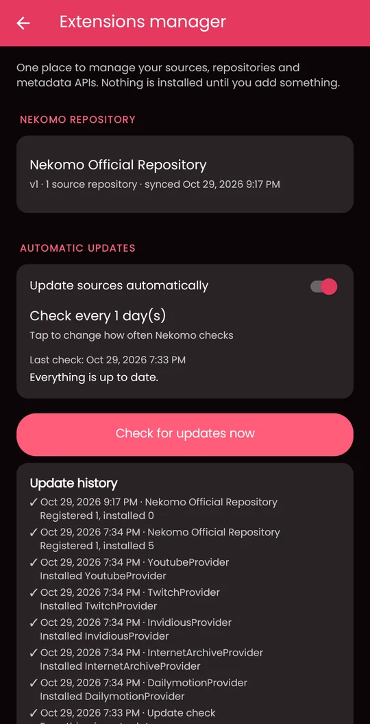 Nekomo extensions manager screen