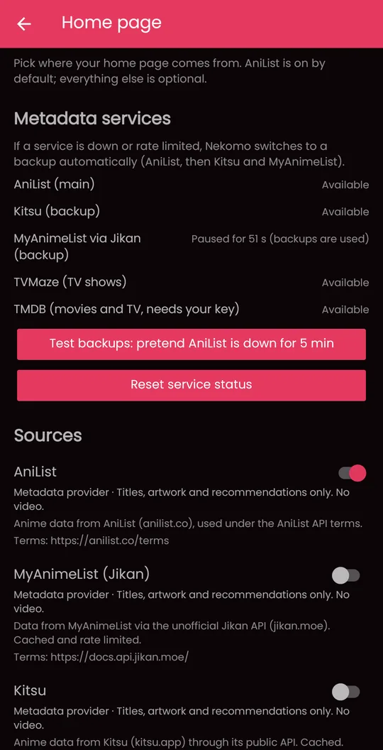 Nekomo home page screen