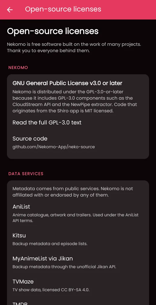 Nekomo open-source licenses screen
