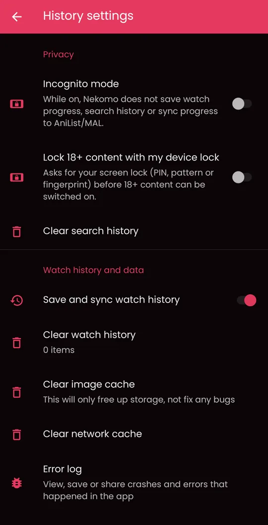 Nekomo history and privacy screen